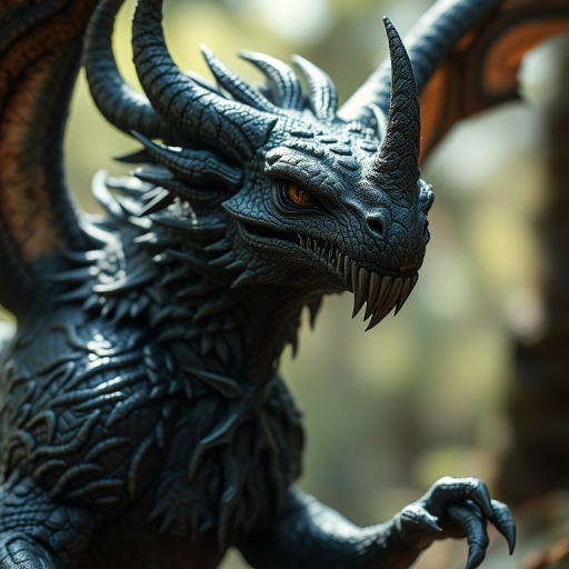 Generate a high-resolution illustration of a mythical creature with intricate details, captured at a 50mm lens, f/1.8 aperture, ISO 200, in natural light settings, using a DSLR camera with a shallow depth of field to emphasize the creature against a softly blurred background.