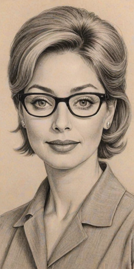 Magnificent Sharon Lawrence, pencil sketch, portrait of Beauteous woman 1954s in glasses, hair style beatnik, outline, clear lines, fine lines, 8k