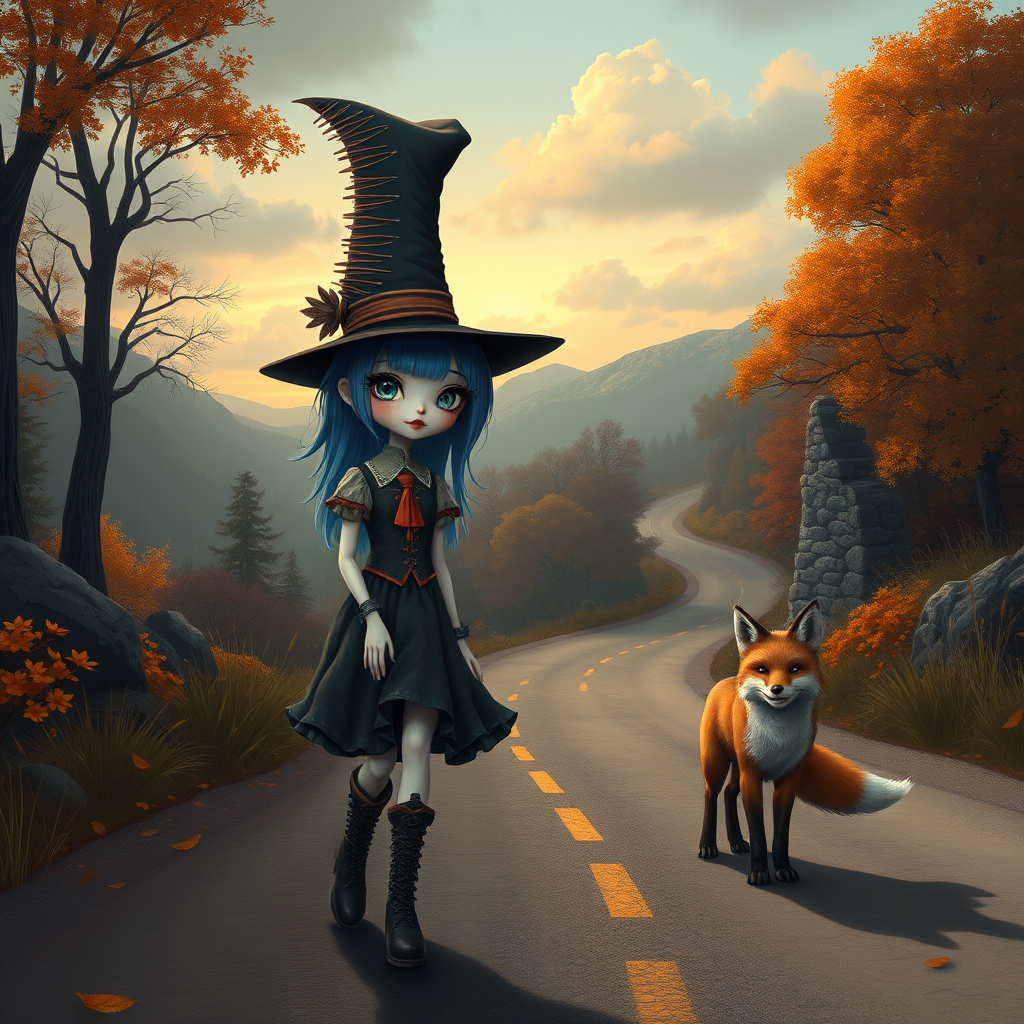 digital art fantasy depicting a strange girl with blue hair, long eyelashes, orange lipstick and a tall hat walking along a winding road on an autumn afternoon, an Fox smiles as she passes