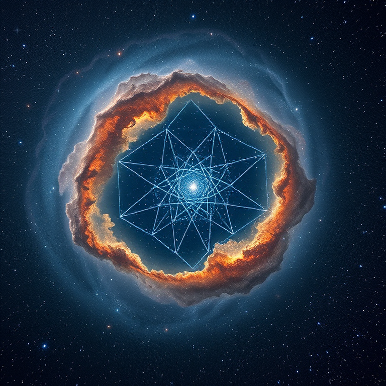 Generate a high-resolution cosmic scene featuring a large, multi-pointed star structure surrounded by a vibrant galaxy with swirling colors and stars, shot with a DSLR camera at f/2.8, ISO 100, 24mm lens, using a wide-angle view to capture the depth of space.