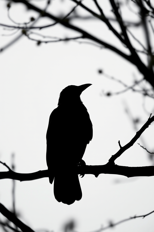 create a high-contrast silhouette of a crow perched on a tree branch against a white background, using a DSLR camera at f/8, ISO 100, 50mm lens, shot at twilight for soft natural light and a shallow depth of field.