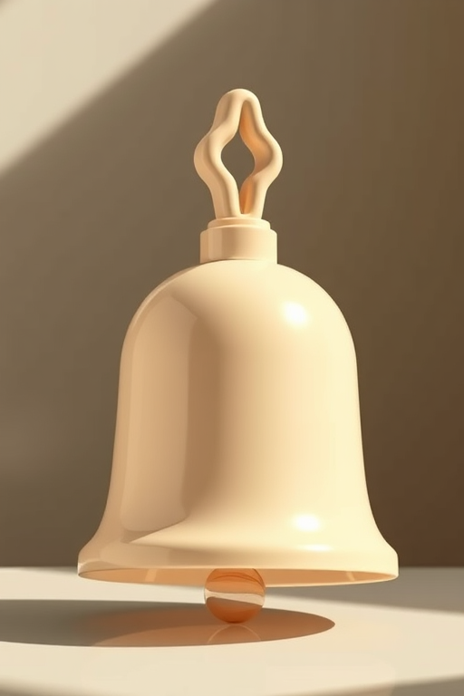 Create a high-resolution digital illustration of a light beige bell with a smooth surface and a round clapper inside, using a DSLR camera with a f/8 aperture, 50mm lens, and natural light to enhance details and shadows.