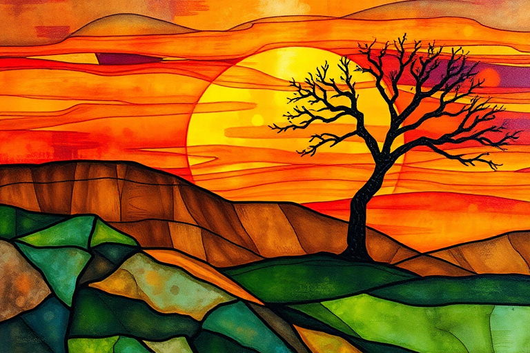 A vibrant abstract painting on Tiffany Glass, blending acrylic and alcohol ink techniques, captures a dramatic sunset over rolling hills. The artwork features a textured, rocky foreground in green and brown, layered abstract hills, and a striking sunset in rich oranges, yellows, and reds. A solitary black tree with intricate branches contrasts against the fiery sky, creating a dynamic and expressive portrayal of a breathtaking natural scene.