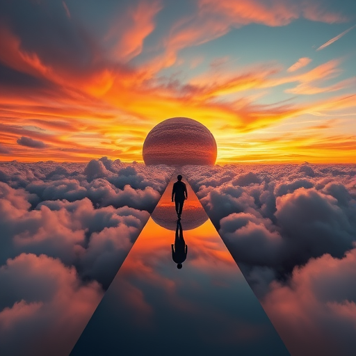 Create a surreal landscape with a figure walking on a reflective path through clouds leading to a large planet in a colorful sky at sunset, captured with a full-frame DSLR camera at f/8 aperture, ISO 100, 24mm lens, and HDR style for enhanced dynamic range.