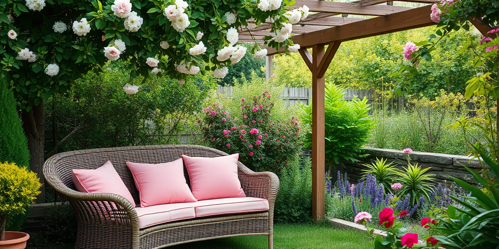 create a serene garden scene featuring a wicker sofa with pink cushions under a trellis adorned with blooming flowers, surrounded by lush greenery, captured with a Canon EOS R5, 50mm lens, f/2.8 aperture, ISO 100, soft natural lighting, taken at eye level for a tranquil atmosphere