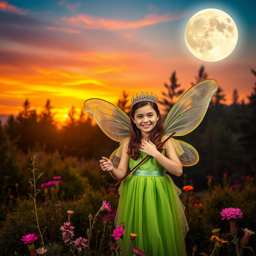 A vivid photo  taken under a bright camera flash of a fantastical scene set against a backdrop of a forest during sunset. The main subject is a girl dressed as a fairy, adorned with translucent wings and a green dress, holding a wand, her face is happy, and she wears a crown on her head. The forest behind her is a blend of flowers, shrubs and trees. The sky is painted in hues of orange and pink, with a large, glowing moon casting a warm glow over the scene. The overall color palette is dominated by earthy tones.