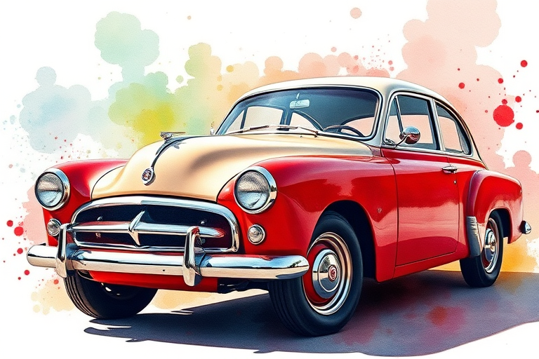 Generate a vibrant watercolor illustration of a vintage car with a rich red and white color scheme, capturing dynamic splashes of color in the background, shot with a DSLR camera at f/2.8, 50mm lens, ISO 100, natural lighting, capturing a slight angle view to emphasize the curves of the car.