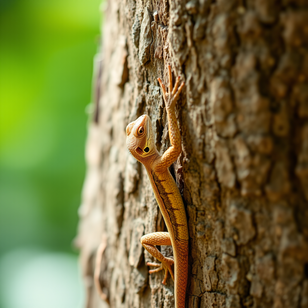 Capture a close-up shot of a lizard climbing a textured tree trunk with a shallow depth of field, using a DSLR camera, 50mm lens, aperture at f/2.8, ISO 100, and a shutter speed of 1/200s, with natural lighting to enhance colors and details.