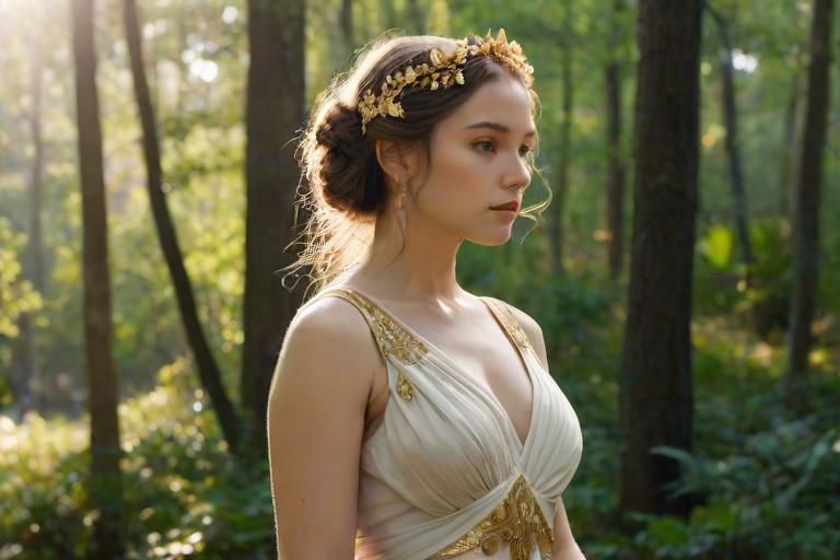Create a portrait of a goddess-like female figure in a tranquil, forested environment. She has an elegant appearance with long, wavy hair styled in an updo and adorned with a delicate, floral headband. She wears a flowing, ancient Greek-inspired gown in a soft, pale color, featuring a one-shoulder design and draped fabric that accentuates her graceful form. The outfit includes a decorative belt with ornate gold detailing, and she holds a bow in her hand, with a quiver of arrows slung over her shoulder. The background depicts lush greenery, with sunlight filtering through the trees, casting a gentle, ethereal light on the scene. Her expression is calm and contemplative, embodying a sense of wisdom and serenity.