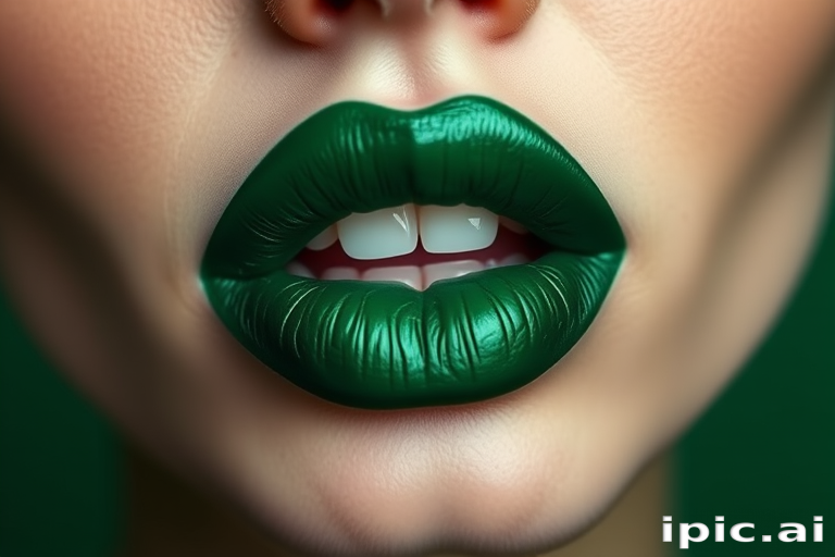 Deep emerald green lips named "Forest Whisper" present a bold and unconventional look with a satin finish, perfect for avant-garde fashion and creative self-expression