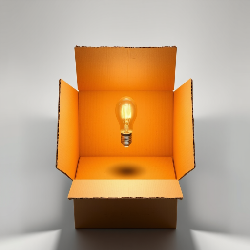 Generate an illustration of a cardboard box with a glowing light bulb emerging from it, using a high-resolution digital camera with a 50mm lens, f/2.8 aperture, ISO 100, in a bright, studio lighting setup, top-down view, minimalist style.