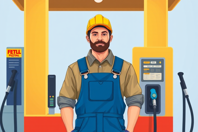 illustration of a worker at a fuel pump wearing a yellow cap and blue overalls, bright colors, vector style, shot with a Canon EOS R5 at f/4, ISO 100, 50mm lens, front view, high resolution, simple background