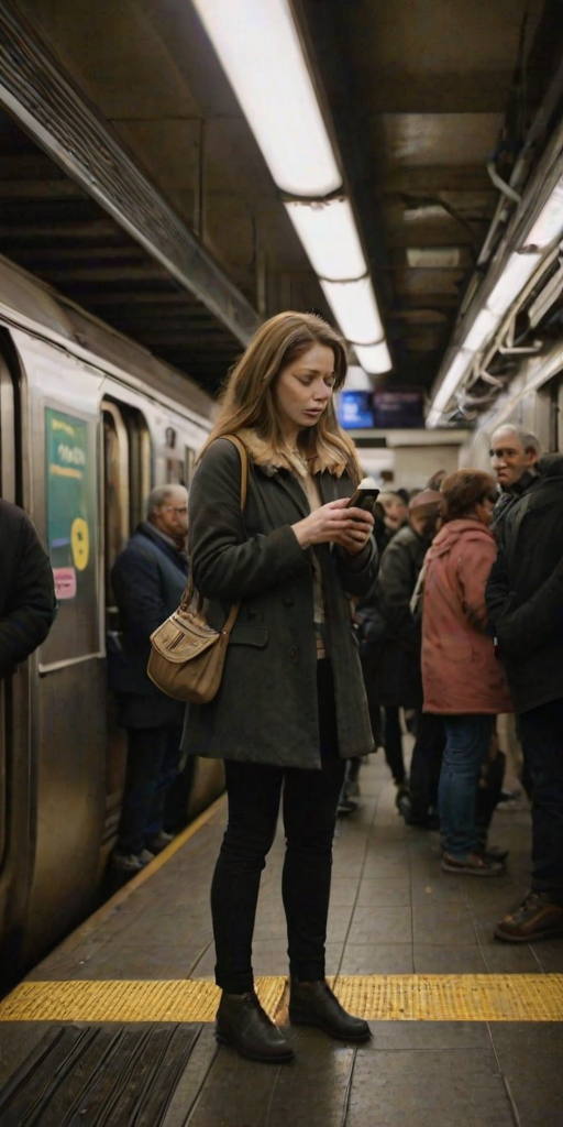 Crowded subway station, the sound of trains screeching and doors closing, a woman stands in the center of the platform, her face illuminated by her phone screen as she waits for her train.