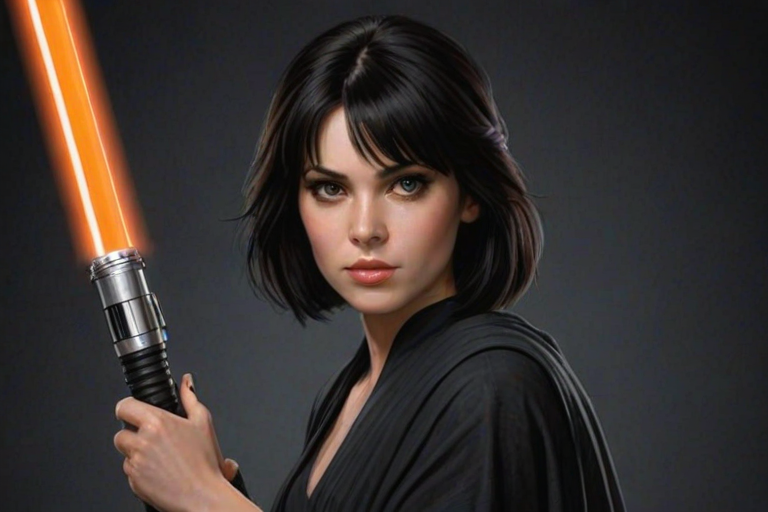 realistic image of a black haired woman, she is holding a orange lightsaber