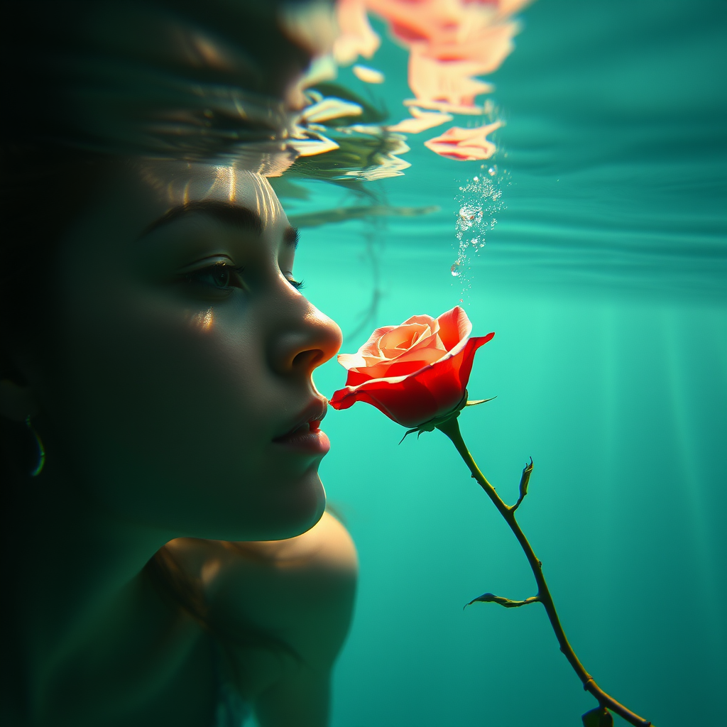 A woman underwater, gazing at a rose Her face is reflected in the water's surface The scene is illuminated by sunlight filtering through the water The atmosphere is serene and contemplative