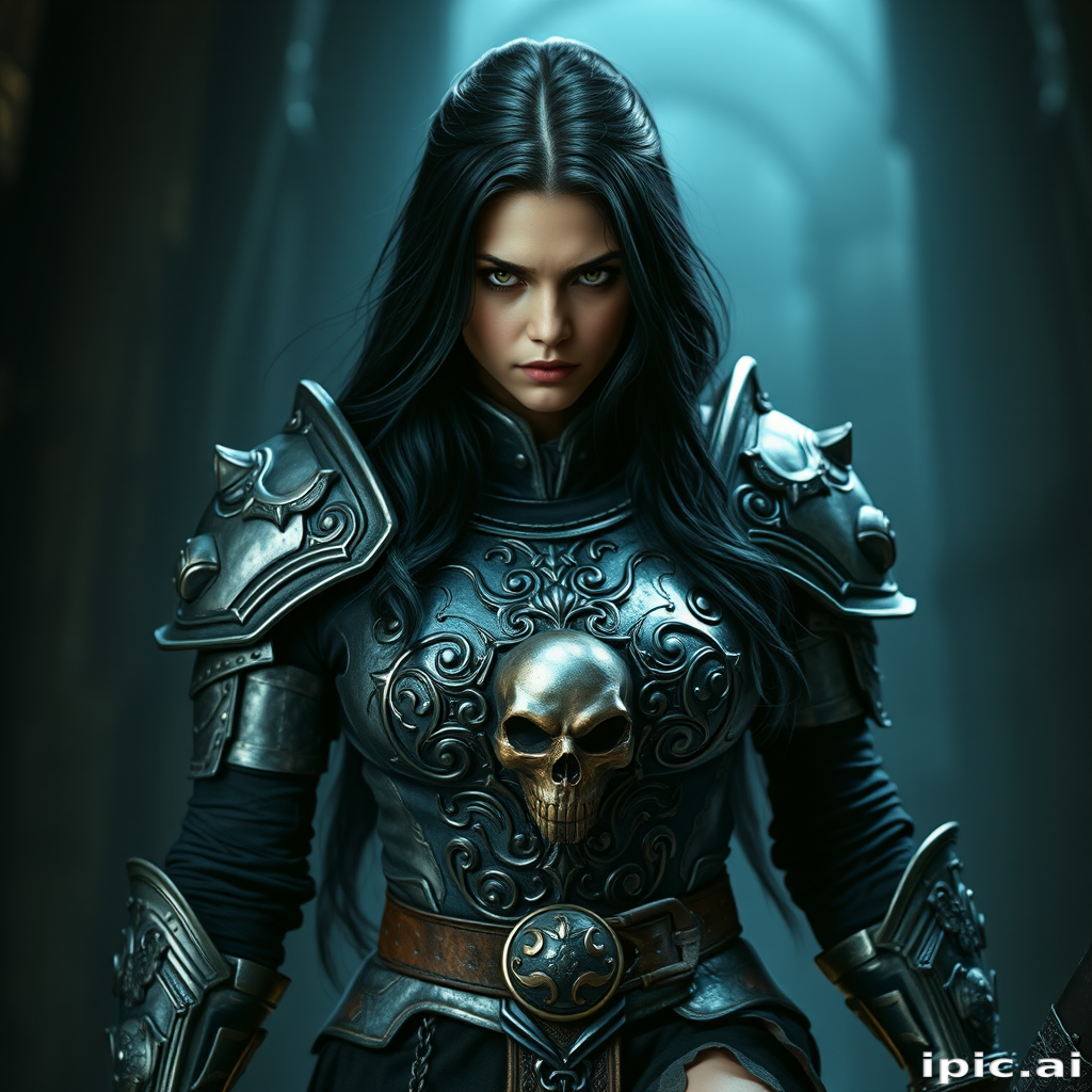 Create a photo of a fierce female warrior with long black hair, wearing an ornate, metallic armor. The armor includes a breastplate with intricate designs, shoulder guards, and gauntlets. The breastplate is decorated with a central emblem, possibly representing a mythical symbol, and has a sculpted, form-fitting design. She wears a belt with a large skull ornament at the center, and her armor extends into a partial skirt, revealing one leg. The overall look is both protective and stylish, with a dark, gothic aesthetic. The background is dimly lit, suggesting a medieval or fantasy setting, enhancing the warrior's imposing presence and intense expression.