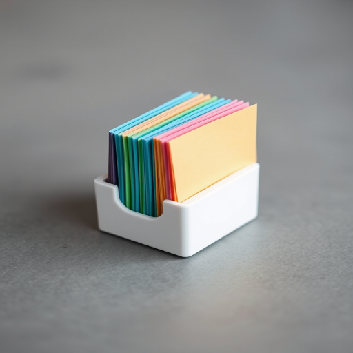a stack of colorful sticky notes in a white holder on a smooth gray surface, shot with a DSLR camera at f/2.8 aperture, 50mm lens, ISO 100, in natural soft light with a shallow depth of field for enhanced focus and clarity