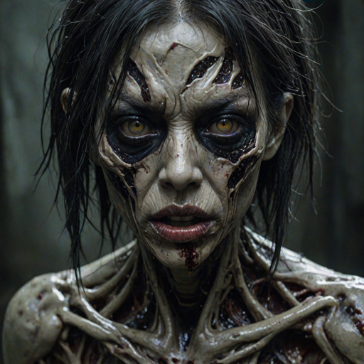 (perspective) of A creepy (ethnicity) zombie cyborg with (descriptive color) skin, (color) lipstick (color) liquid flowing from her eyes and mouth, (perspective two) portrait, (camera angle), extremely detailed, (art style) in the style of Yoshitaka Amano and Tetsuo Hara. --ar 85:128 --style raw --niji 6