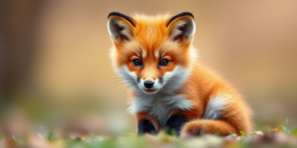 Generate a high-resolution image of a fluffy orange fox cub sitting, captured with a DSLR camera at f/2.8 aperture, 50mm lens, ISO 200, natural daylight, and a shallow depth of field for a soft background.