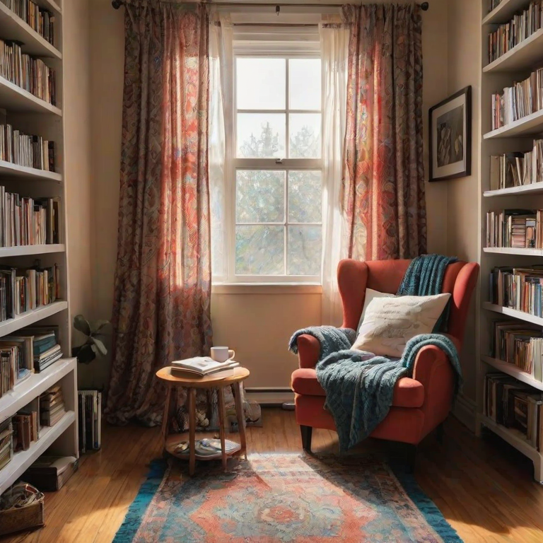 Cozy reading nook, featuring a large armchair with a knitted blanket draped over it, a small bookshelf overflowing with colorful novels, and a steaming cup of tea on a wooden side table, sunlight filtering through a window adorned with sheer curtains.