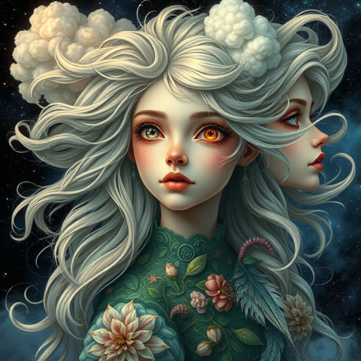Create a series of imaginative portraits where each subject is infused with elements of fantasy and nature. The hair of the individuals should flow like clouds, varying from soft, fluffy cumulus to wispy cirrus strands, with hints of color reflecting a sunset or a clear blue sky. The eyes should be windows to entire galaxies, with stars, nebulae, and distant planets visible within them. Clothing should be adorned with nature motifs, such as floral patterns that bloom and change, vines that seem to grow and wrap around, or feathers that shimmer with iridescence. Each portrait should capture a unique personality, blending human features with the ethereal beauty of the natural and cosmic world. The backgrounds can vary, from starry night skies to enchanted forests, adding depth and context to the magical realism of the portraits