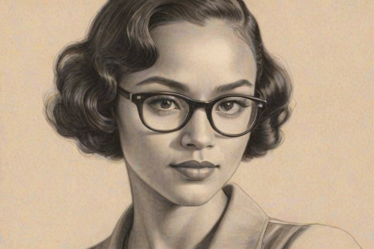 Comely Grace Byers, pencil sketch, portrait of Beauteous woman 1934s in glasses, hair style beatnik, outline, clear lines, fine lines, 8k