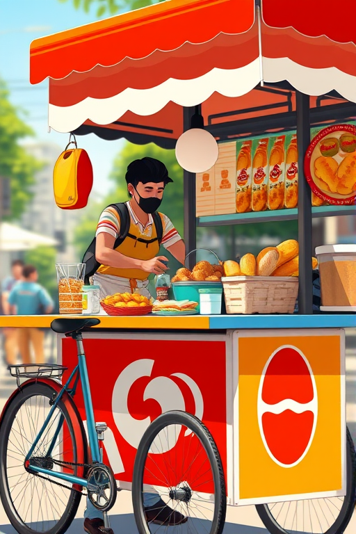 Create a vibrant illustration of a food cart operated by a cyclist, showcasing various snacks and bread items, captured in a bright daylight setting, using a close-up perspective, with high-resolution effects, ISO 100, aperture f/4, and a shutter speed of 1/250 sec.