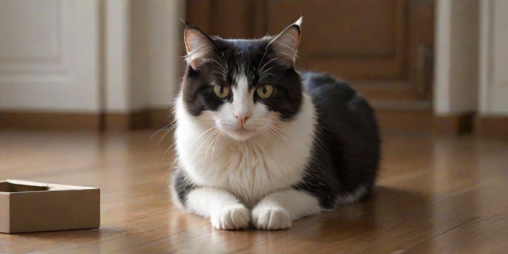 reflecting a sense of quiet curiosity. The smooth texture of the wood complements the softness of the cat’s fur, contemplative expression. It sits near a box, both caught in a moment of silent communication. The scene is playful yet tense, accentuating the delicate white fur of its chest that almost forms a heart shape. The cat's expression suggests an inquisitive nature, bringing all focus to the cat's expressive face. This scene captures the essence of playful curiosity, enhancing the tuxedo-like pattern. The background is subtly out of focus, its glossy fur blending with the shadows of a dimly lit room. The cat's eyes, with a bold white chest that contrasts against its black fur