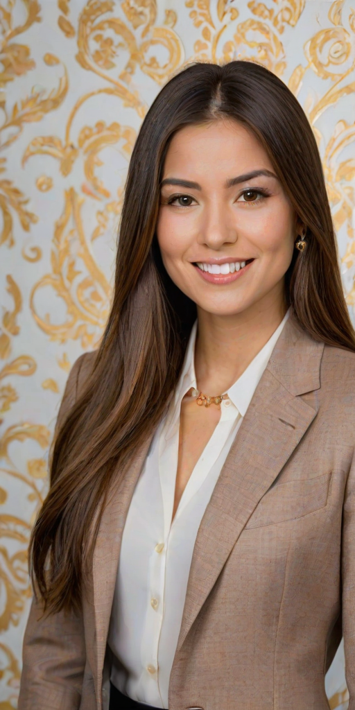 High quality passport photo of a woman with long straight hair (middle parted) wearing a suit and tie looking directly at the camera with a radiant smile. She is also wearing a delicate gold chain and some understated diamond earrings. In the background the wallpaper has the writing "SOY ANA" on it in bold white logo font