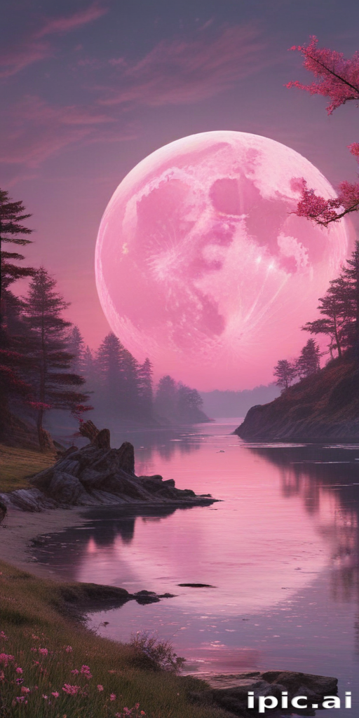 Serene Twilight Landscape with a Majestic Pink Moon Reflecting on Water