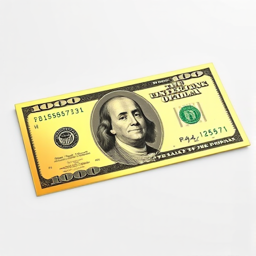 Create a 3D render of a shiny gold $100 bill with a glossy finish, using a DSLR camera with a 50mm lens, f/1.8 aperture, ISO 100, and 1/200 shutter speed, captured from a slightly elevated angle with soft, diffused lighting for a high-quality and vibrant image.