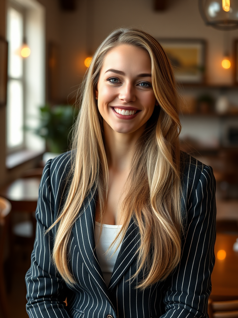portrait of a smiling woman with long blonde hair wearing a pinstripe blazer in a cozy interior, soft natural lighting, 85mm lens, f/1.8, ISO 100, shallow depth of field, taken with a DSLR camera