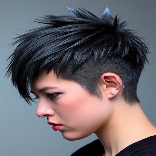 Smoky charcoal grey pixie cut with textured spikes and icy blue tips, creating a fierce and edgy look inspired by jagged mountain peaks and winter storms.