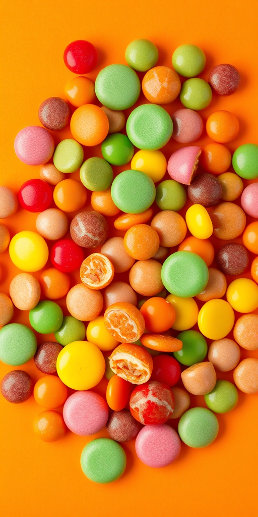 Colorful assortment of candies on a vibrant orange background, high-resolution, 50mm lens, f/2.8 aperture, ISO 100, overhead shot, DSLR camera, studio lighting for enhanced contrast and clarity