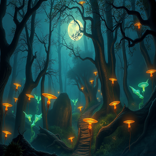 Generate a high-resolution digital illustration of a mystical forest with glowing plants and mystical creatures, shot with a Canon EOS R5 at f/1.8, ISO 100, 24mm lens, with a wide-angle perspective under soft moonlight filtering through the trees for enhanced image quality.