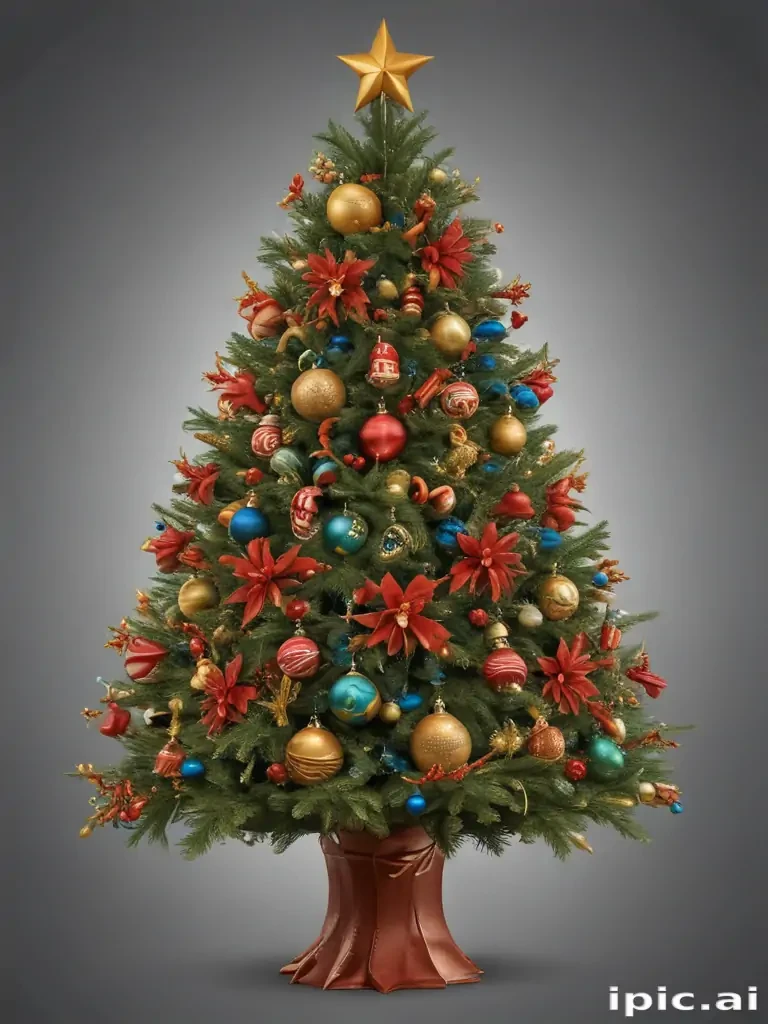 Festively Decorated Christmas Tree with Colorful Ornaments and Star Topper