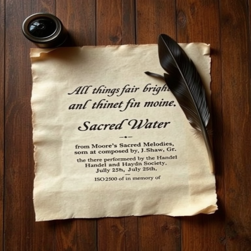 Create a vintage-style image of an old parchment paper featuring a quill and ink stain, with the text "All things fair & bright are thine, Sacred Water, from Moore's Sacred Melodies, composed by J. Shaw, sung at the Centenary performed by the Handel and Haydn Society in Boston, July 25th, in memory of" displayed elegantly, captured with a DSLR camera at f/2.8 aperture, ISO 100, focal length 50mm, natural lighting, top-down view.