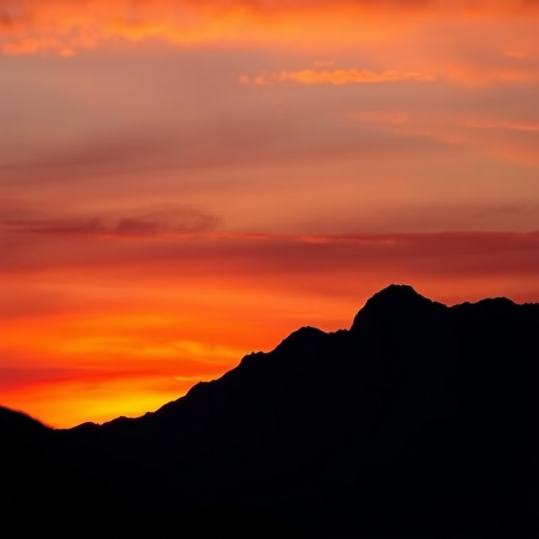 Generate a black silhouette of a mountain range against a gradient sunset background with rich colors, use a Canon EOS R5 camera, 24mm lens, aperture f/11, shutter speed 1/250 sec, ISO 100, landscape orientation.