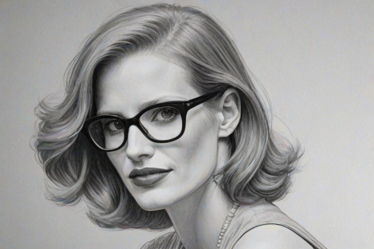 Pleasing Jessica Chastain, pencil sketch, portrait of Appealing woman 1928s in glasses, hair style beatnik, outline, clear lines, fine lines, 8k