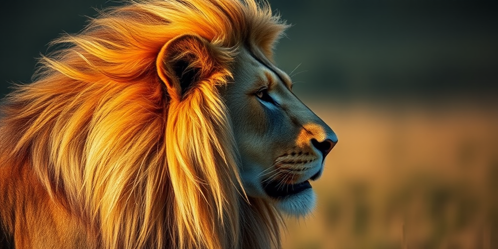 lion with flowing mane in profile view, high detail, dramatic lighting, 50mm lens, f/1.8 aperture, ISO 200, high-speed shutter, macro photography style, soft focus background