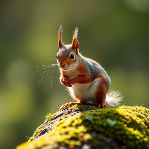 squirrel perched on a mossy log in soft sunlight, f/4 aperture, 1/250s shutter speed, ISO 200, portrait view, DSLR camera, macro photography style