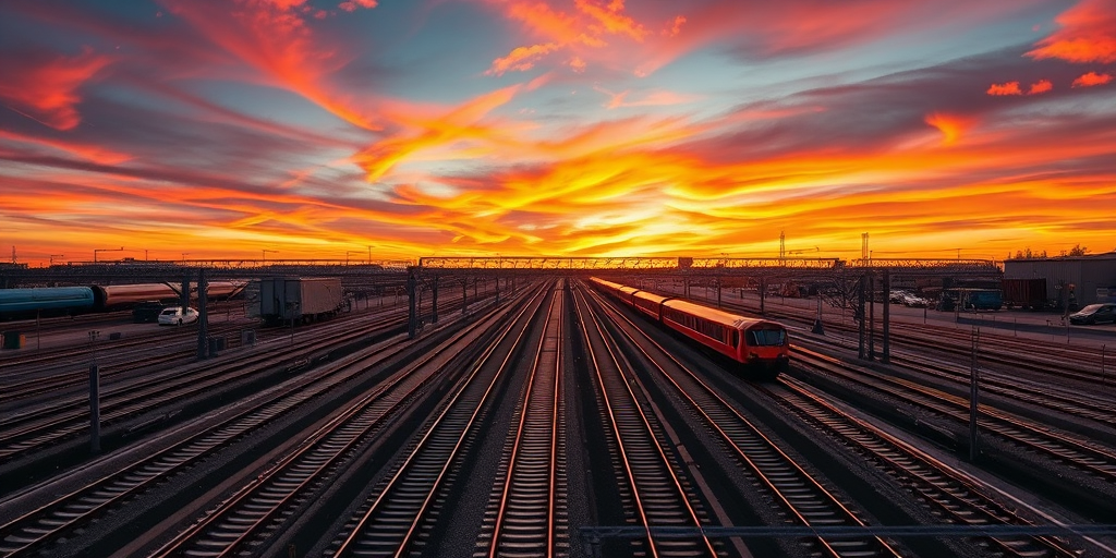 capture a vibrant sunset over a railway yard with multiple train tracks and a train passing through, use a Canon EOS R5 with a 24-70mm f/2.8 lens set at ISO 200, aperture f/8, shutter speed 1/200s, shoot from a high angle for a wide perspective and a warm color palette to enhance the mood