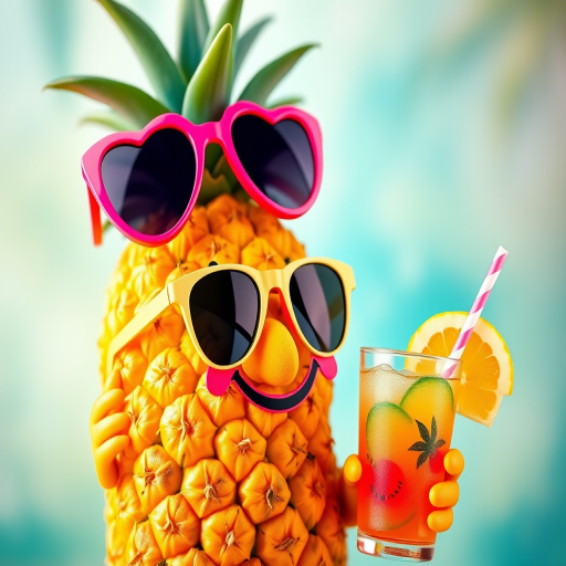 A vibrant cartoon pineapple character wearing heart-shaped sunglasses and holding a tropical drink, captured with a Canon EOS R5 at f/2.8, 50mm lens, ISO 100, 1/200s, in a bright, colorful style with a soft-focus background.