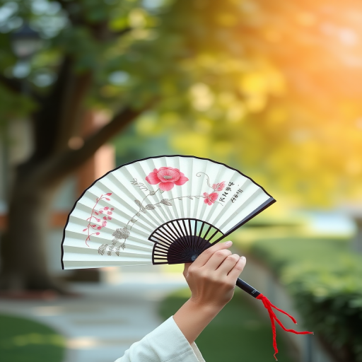 portrait of a person holding a traditional fan in a serene outdoor setting, soft natural lighting, f/2.8 aperture, 50mm lens, ISO 200, shallow depth of field, taken with a DSLR camera, side view composition