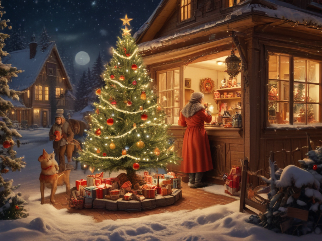 Cozy Winter Scene with Christmas Tree and Festive Decorations in Snow