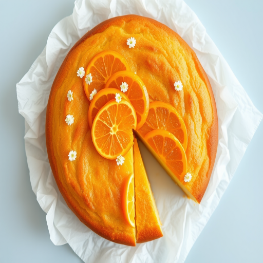 A beautifully baked round cake with a golden crust and a smooth texture, decorated with orange slices and small white flowers, placed on a white parchment paper on a light blue surface. A portion of the cake is cut out, revealing its yellow interior.