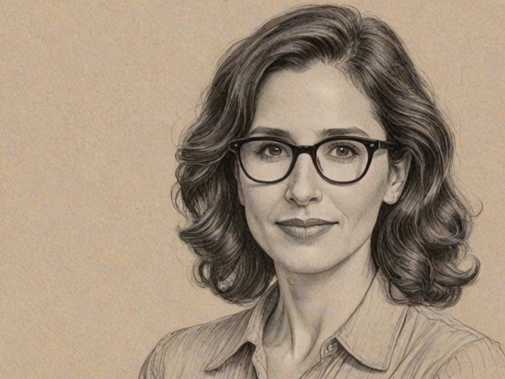 Gorgeous Michaela Watkins, pencil sketch, portrait of Fascinating woman 1946s in glasses, hair style beatnik, outline, clear lines, fine lines, 8k