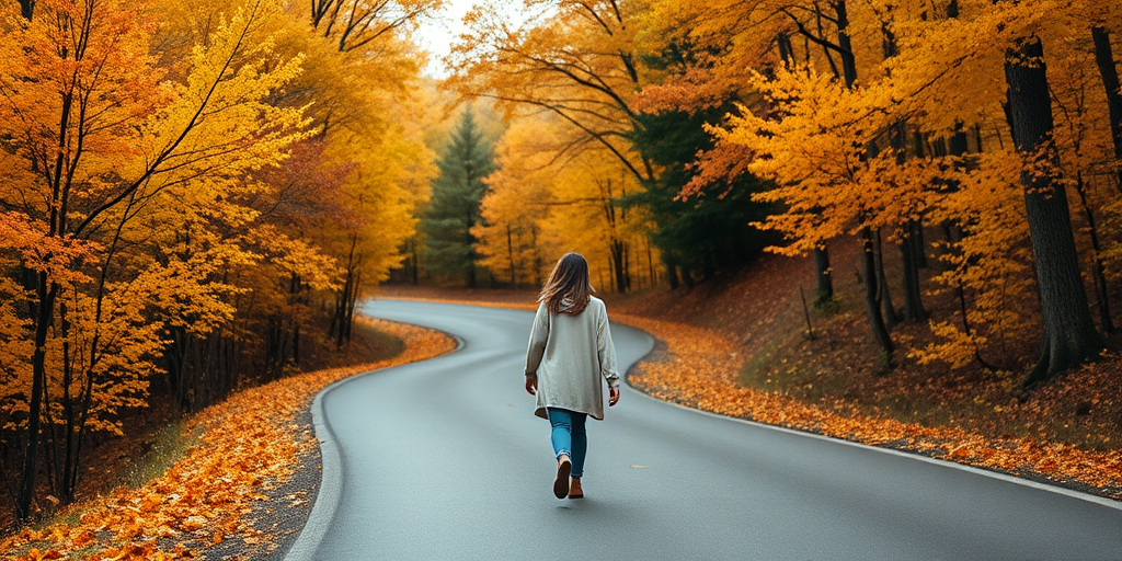 Capture a full-body shot of a woman walking along a winding road surrounded by autumn trees, with vibrant yellow and orange foliage, using a DSLR camera at f/4, 1/200 sec, ISO 200, wide-angle lens, natural lighting, and a depth of field that softens the background.