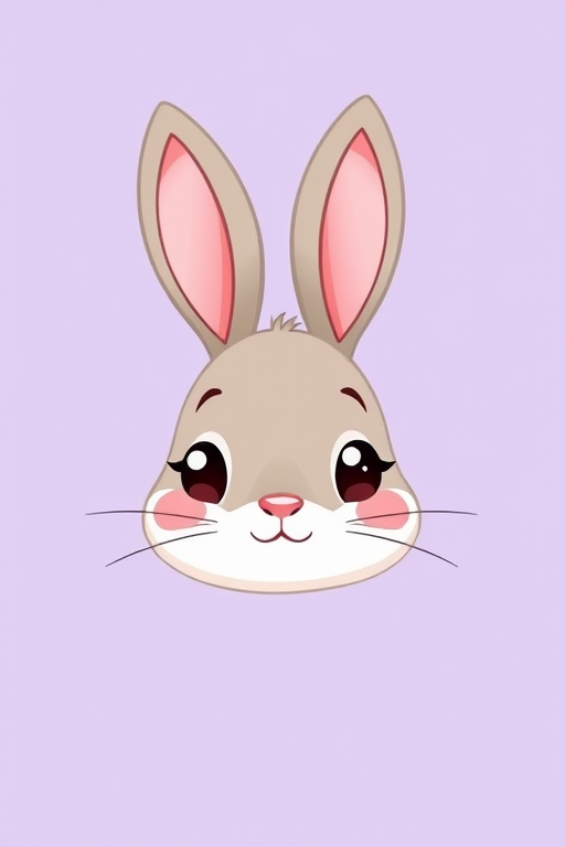 Create a cute cartoon illustration of a rabbit's head, set against a soft lavender background, using a Canon EOS 5D Mark IV at f/4, ISO 100, 50mm lens with a slight bokeh effect for depth.
