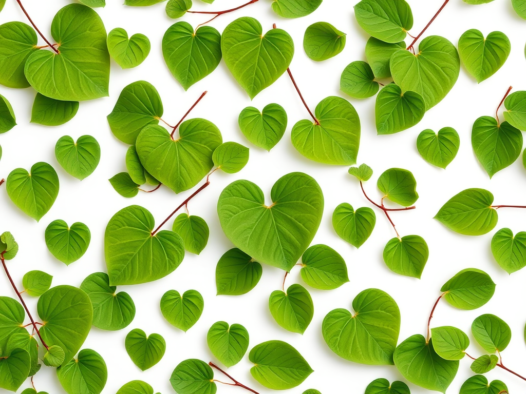 Regenerate a seamless repeating pattern of green leaves and heart-shaped foliage on a white background, using a Canon EOS R5 camera with a 50mm f/1.8 lens, aperture set to f/5.6, shot from a top-down view, employing natural soft lighting for a bright and vibrant appearance.